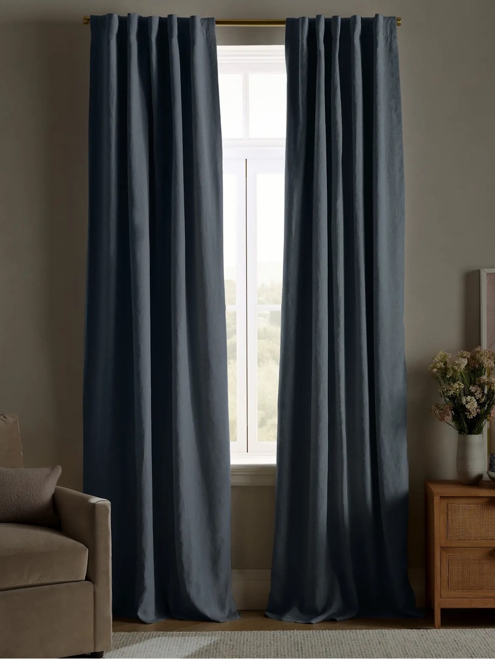 NWT QUINCE Set Of 2 48x84 European Linen True Blackout Curtains Chambray 8179